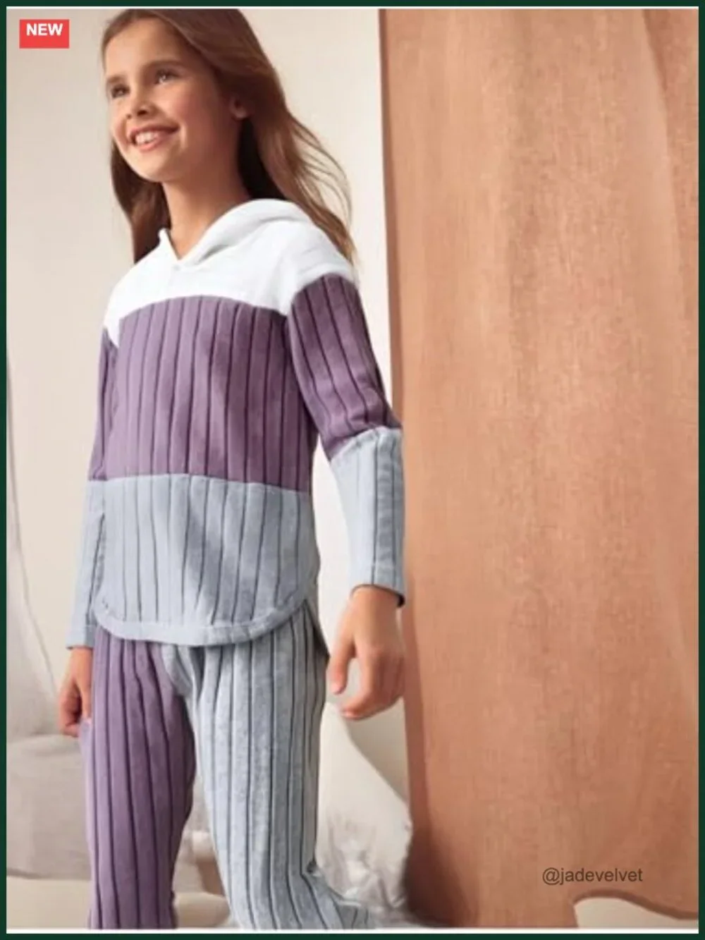 Colorblock Ribbed Long Sleeve Hoodie Sweatsuit Set for Girls